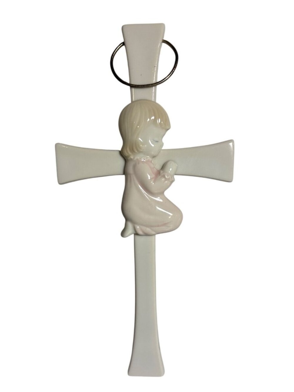 Porcelain Girl Cross Crucifix 1st Communion Baptism 7.5" Japan DTC 1984 Vintage